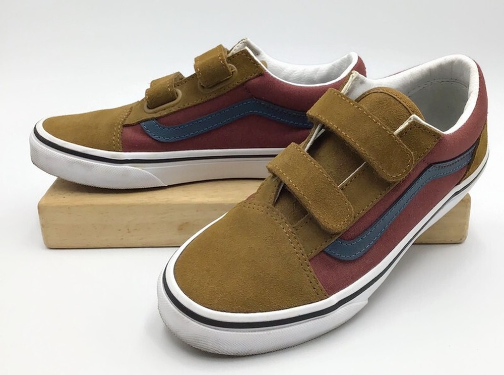 Vans Old Skool V Low Sneakers Brown Red Kids Size 3 Hook & Loop Shoes